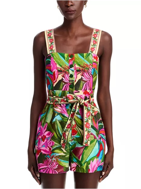 Farm Rio Floral Tie-Waist Romper In Pink & Green